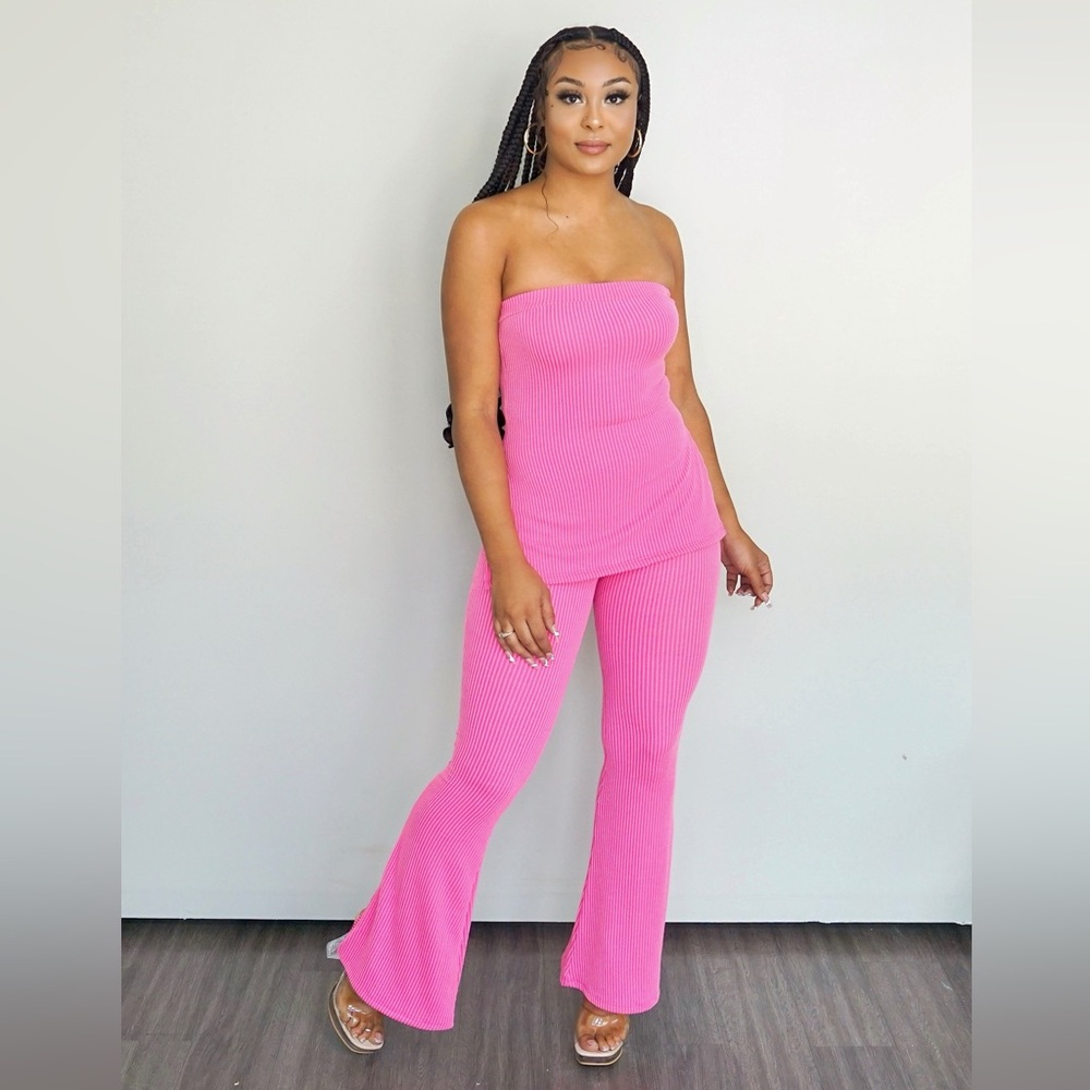 Hot Pink Ribbed Tube Top & Wide Leg Pants Set